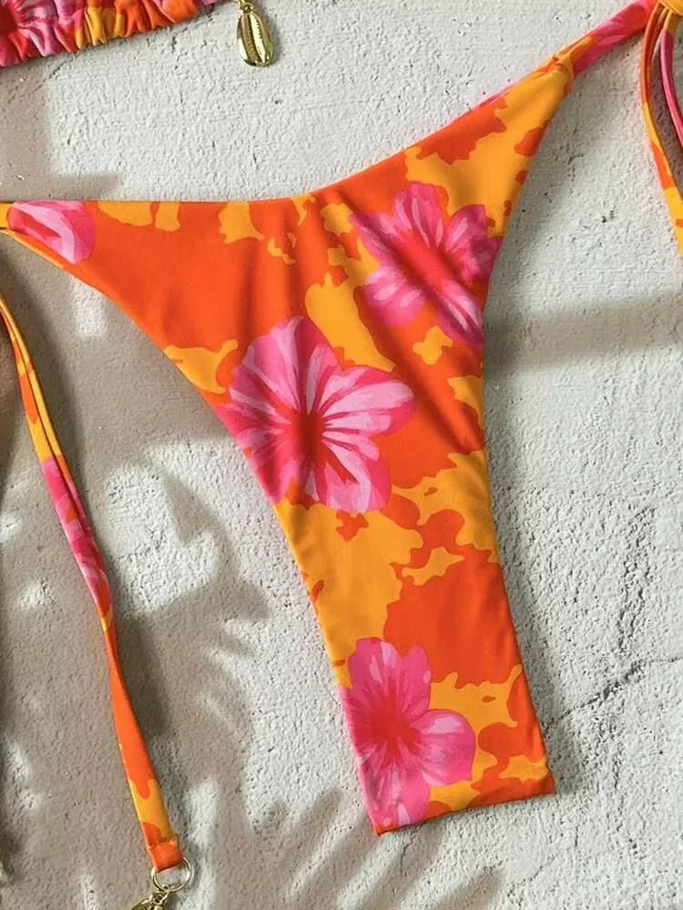 Traje de baño dos piezas naranja flores rosadas