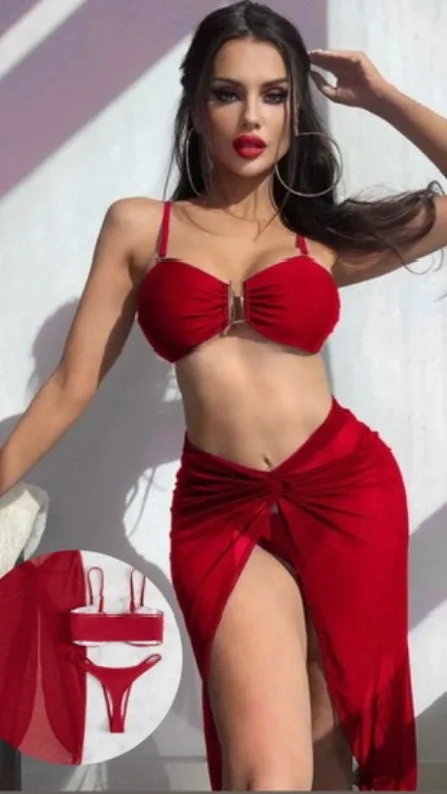 Traje de baño de 3 piezas con falda pareo rojo